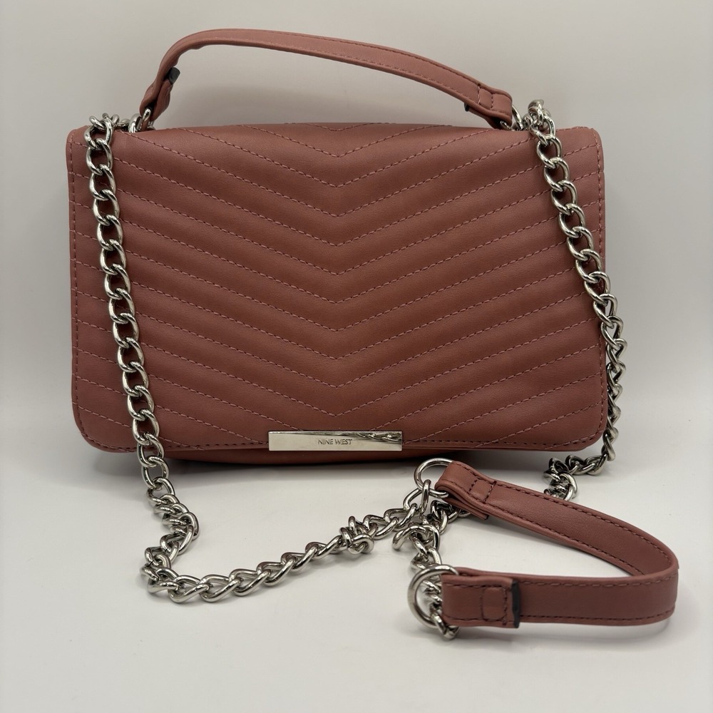 Nine West Pink Quilted Crossbody Bag Chain Shoulder Strap Excellent Condition